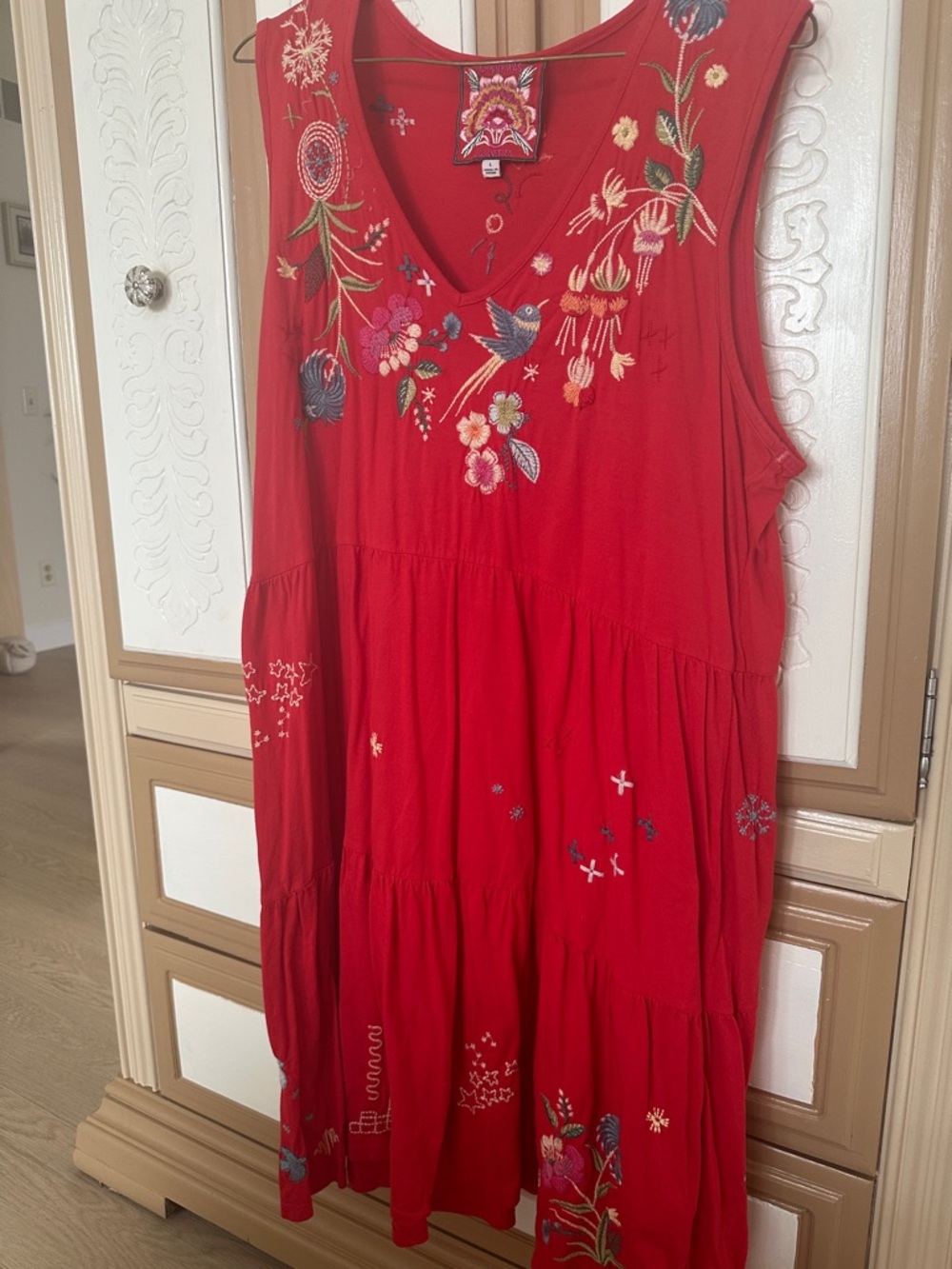 Johnny Was Red Embroidered Floral Maxi Dress